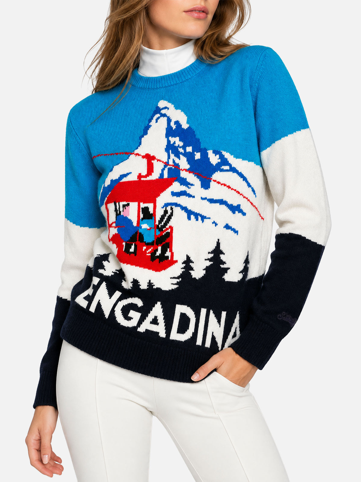 Damenpullover mit Vintage-Postkartenprint Engadina 