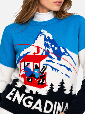 Damenpullover mit Vintage-Postkartenprint Engadina 