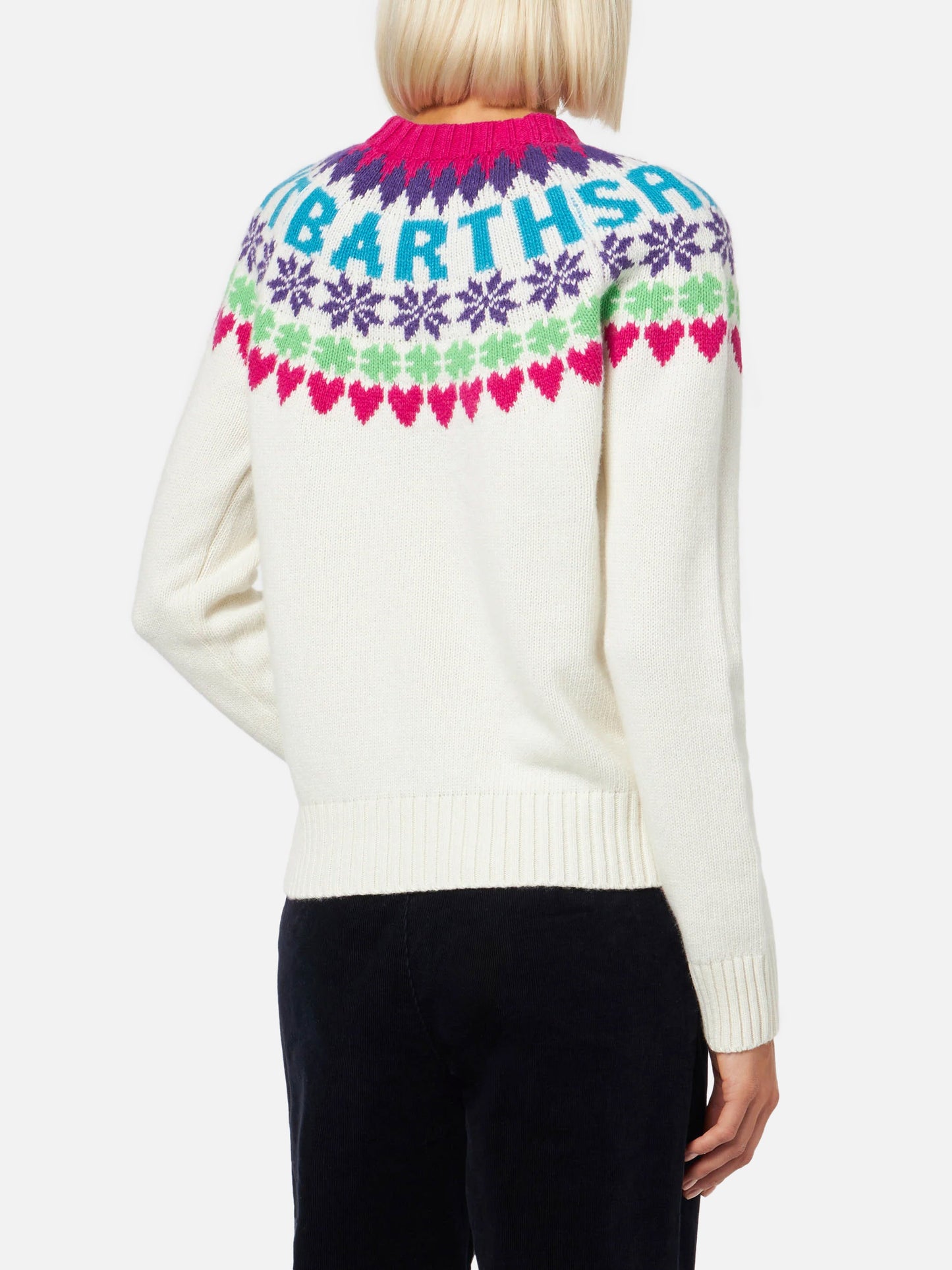 Woman white sweater New Queen with fair isle jacquard