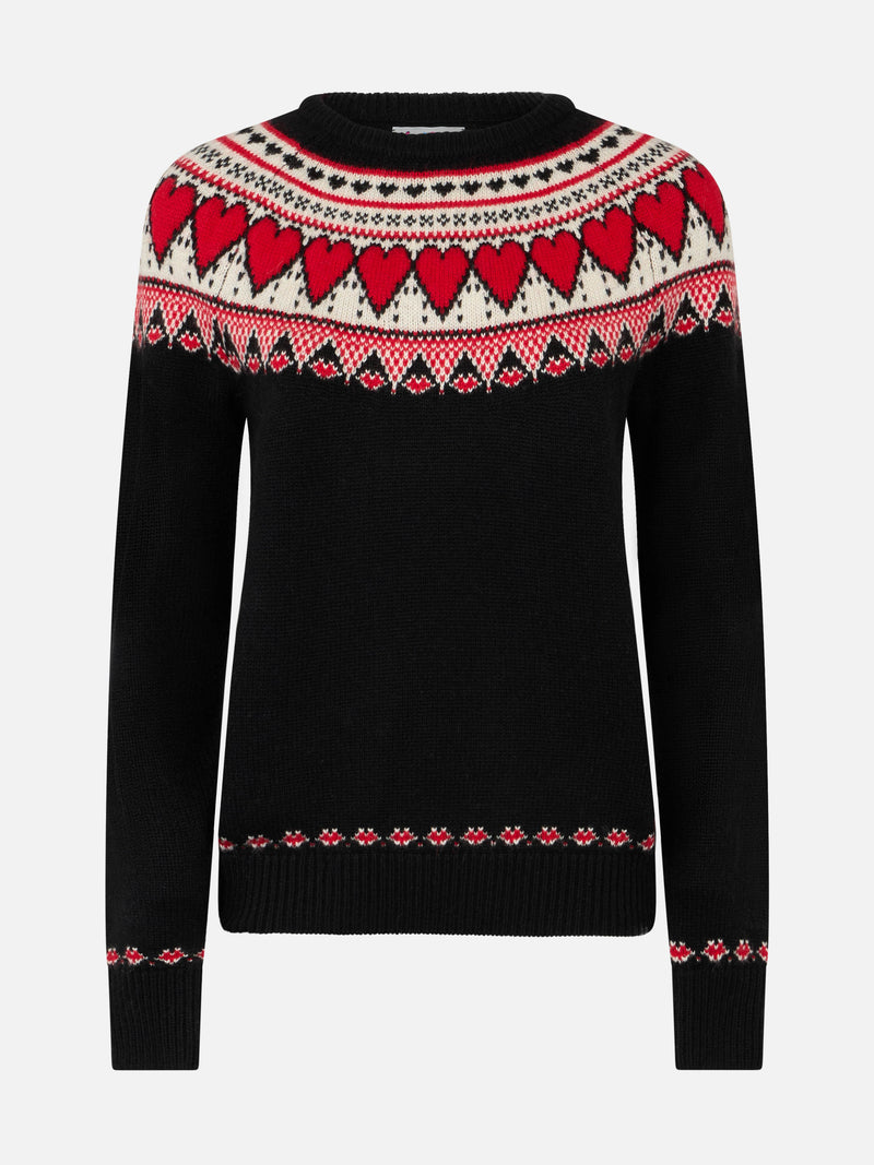 Maglione da donna nero New Queen con stampa cuori Fair Isle