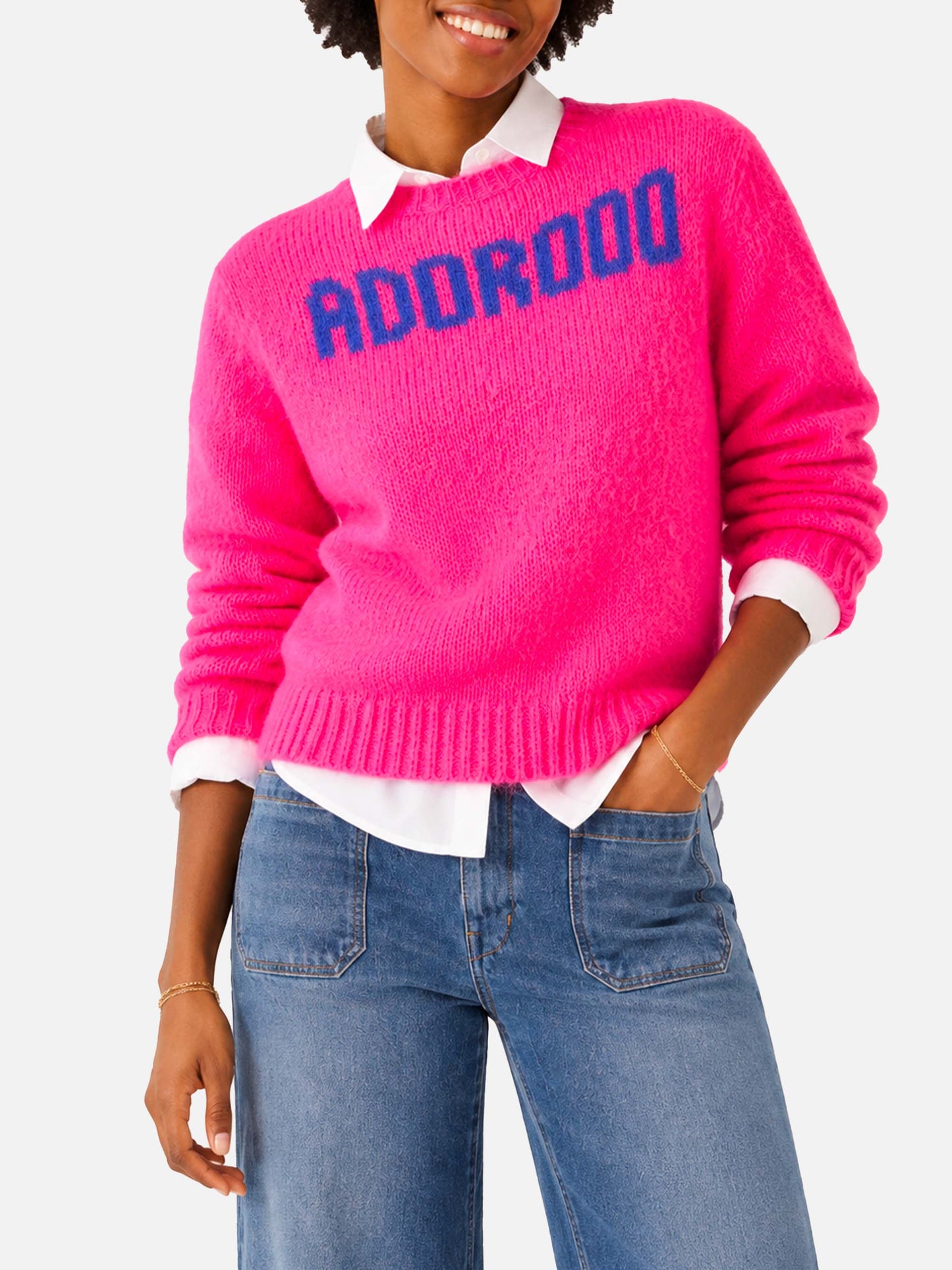 New Queen Soft fluo pink brushed sweater with Adorooo embroidery