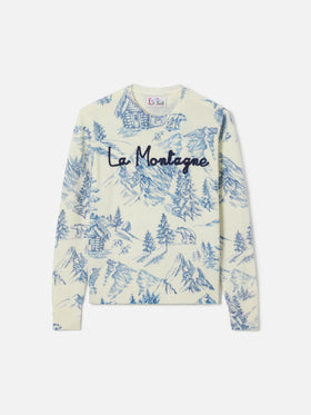 Woman white sweater New Queen with toile de jouy print and La Montagne embroidery