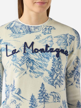 Woman white sweater New Queen with toile de jouy print and La Montagne embroidery