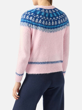 Woman pink crewneck nordic jacquard sweater