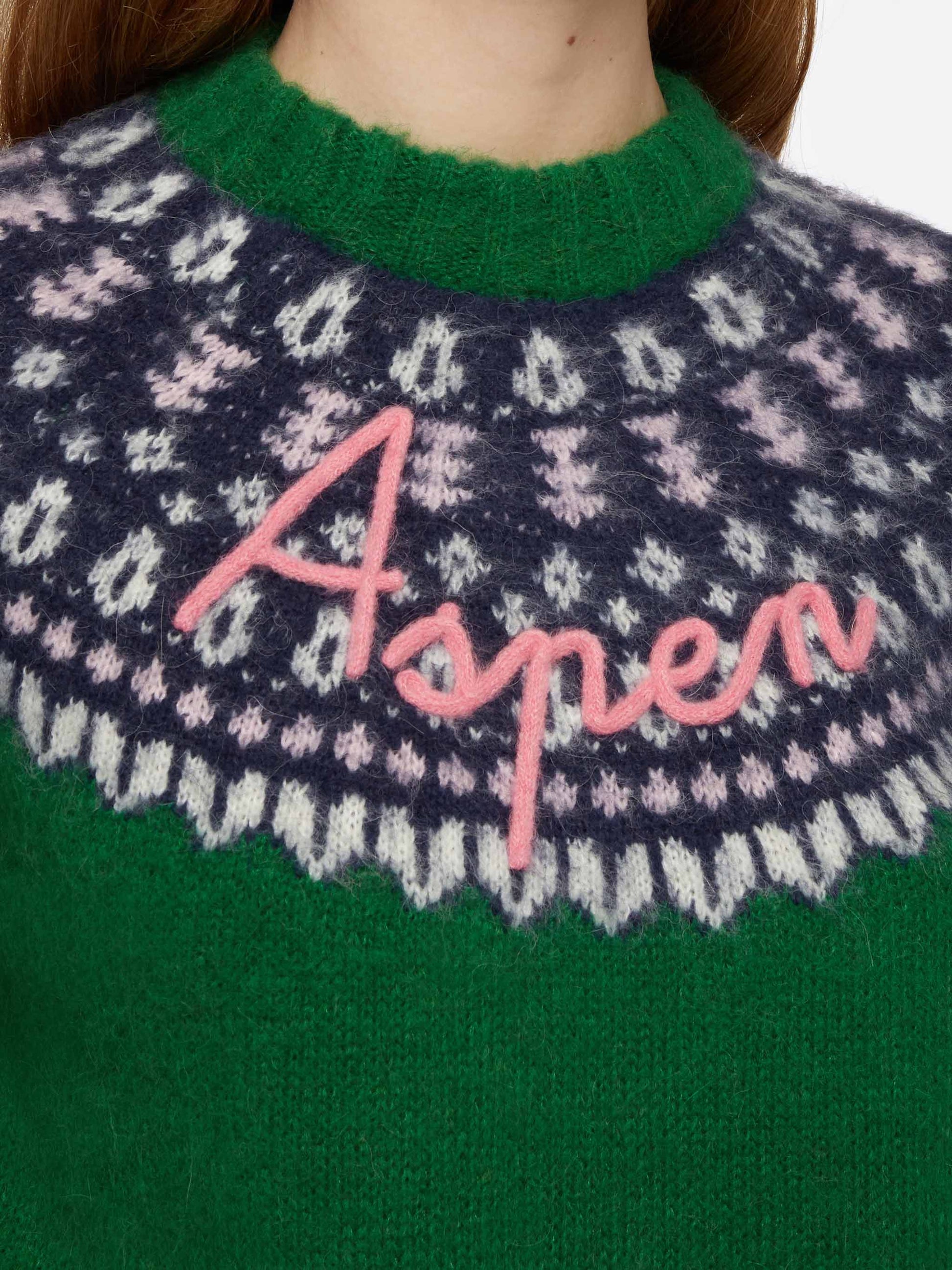 Green sweater Queen Nordic Soft with fair isle jacquard and Aspen embroidery - MC2 Saint Barth