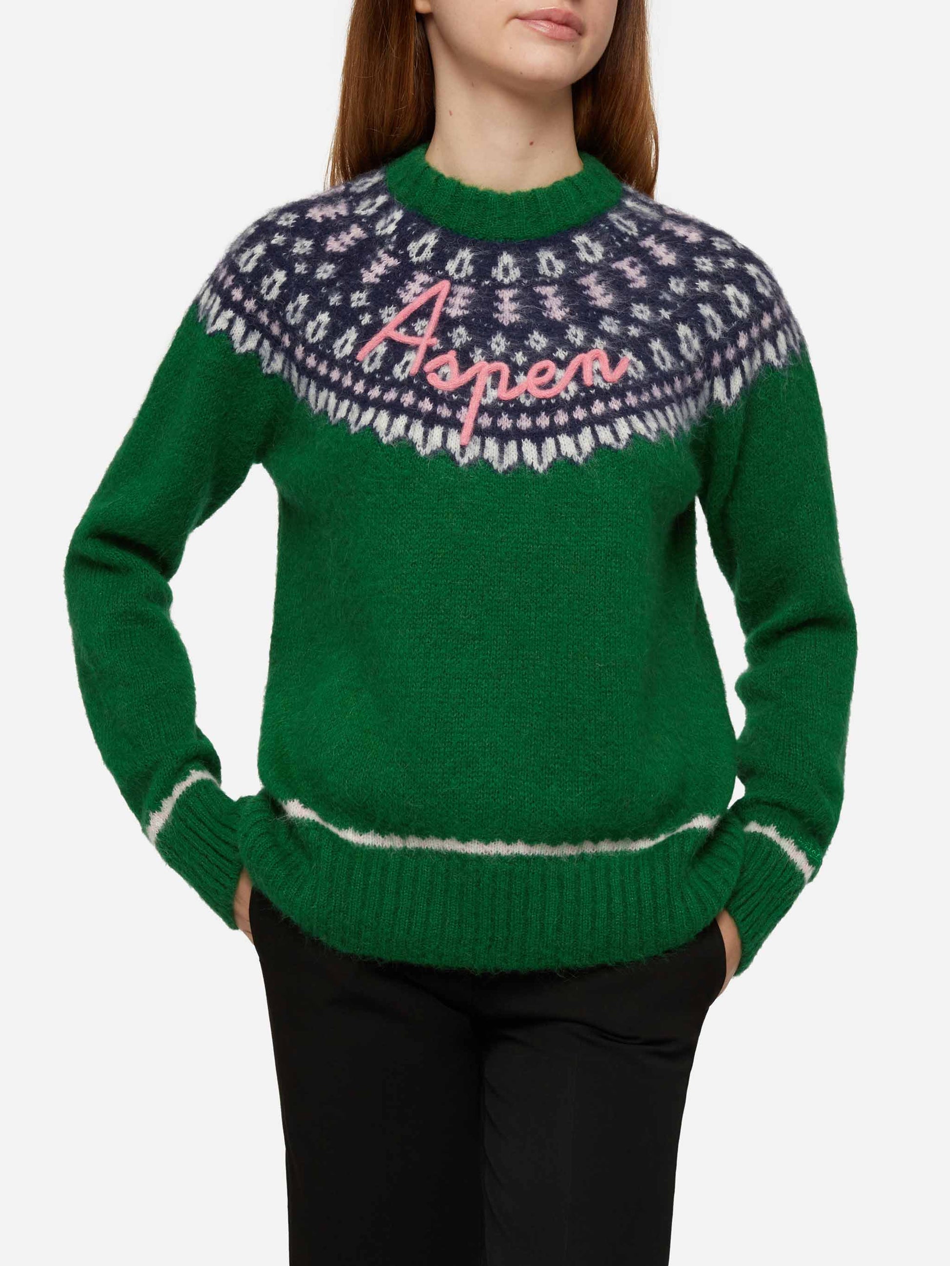 Green sweater Queen Nordic Soft with fair isle jacquard and Aspen embroidery - MC2 Saint Barth