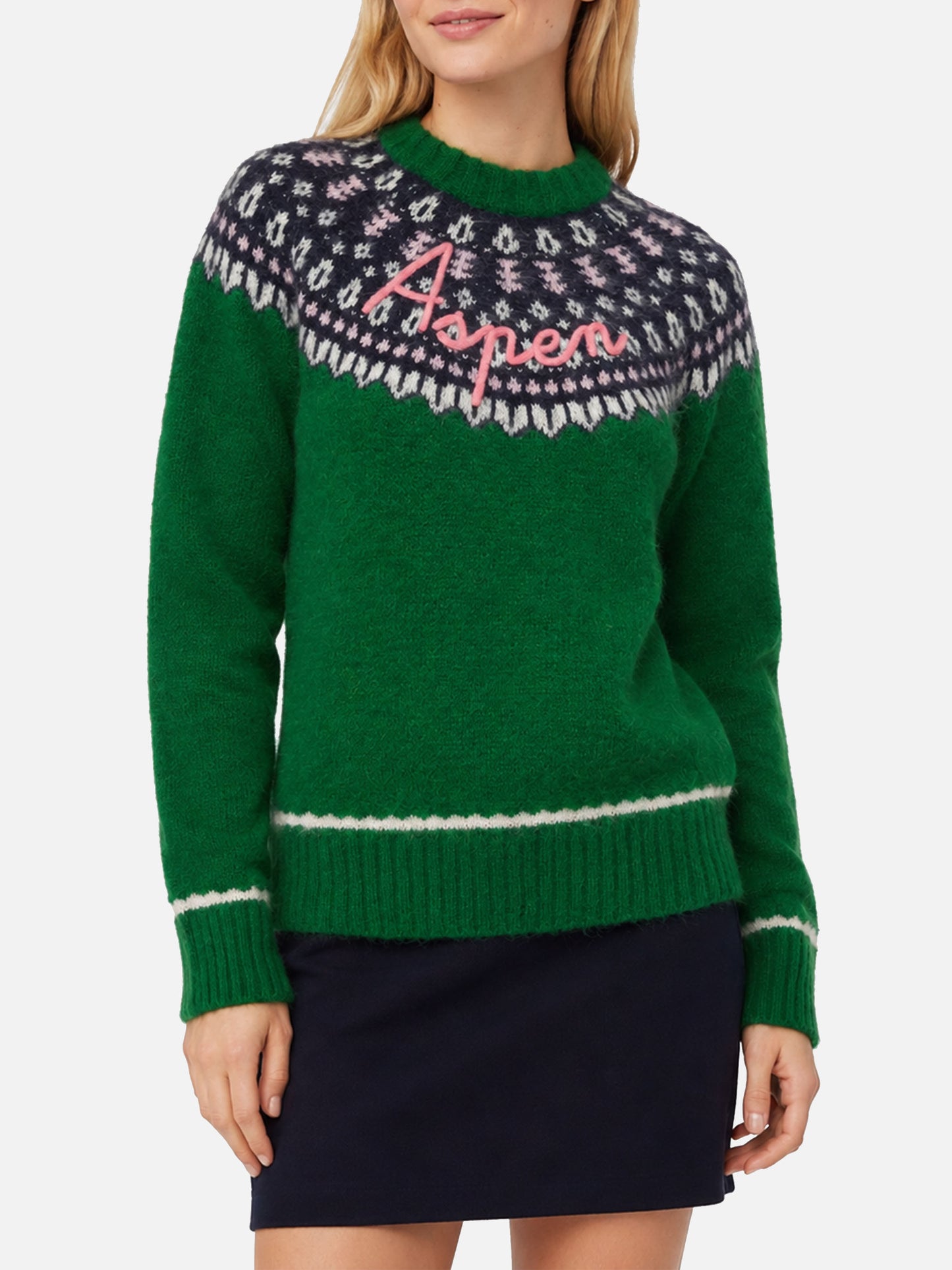 Green sweater Queen Nordic Soft with fair isle jacquard and Aspen embroidery