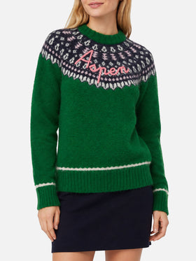 Green sweater Queen Nordic Soft with fair isle jacquard and Aspen embroidery