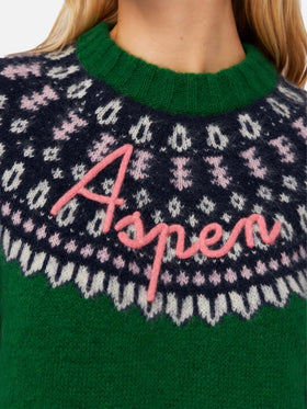 Green sweater Queen Nordic Soft with fair isle jacquard and Aspen embroidery