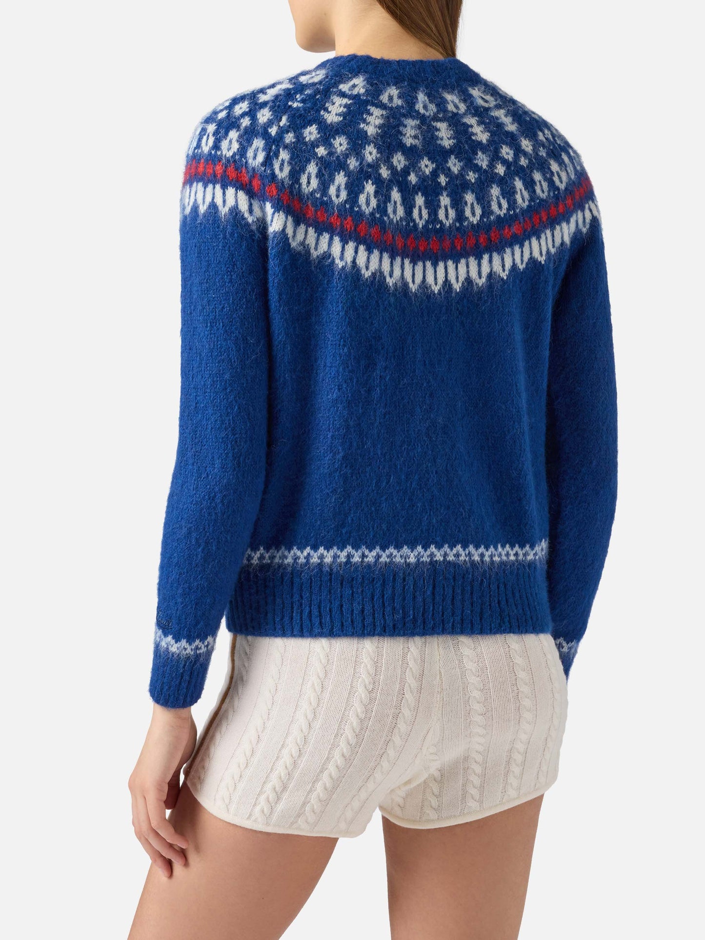 Woman navy blue crewneck nordic jacquard sweater