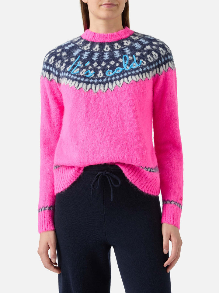 Girocollo Nordic Soft New Queen fucsia fluo con jacquard norvegese e ricamo It’s cold