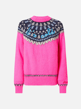 Fluo pink crewneck New Queen Nordic Soft with fair isle jacquard and It's cold  embroidery