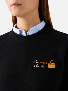 Black New Queen wool and cashmere blend crewneck with O La Borsa O La Vita embroidery