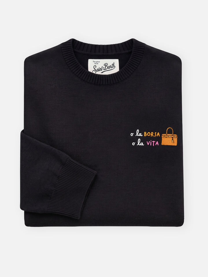 Schwarzer Crewneck aus einer Woll- und Kaschmirmischung New Queen mit O La Borsa O La Vita-Stickerei 