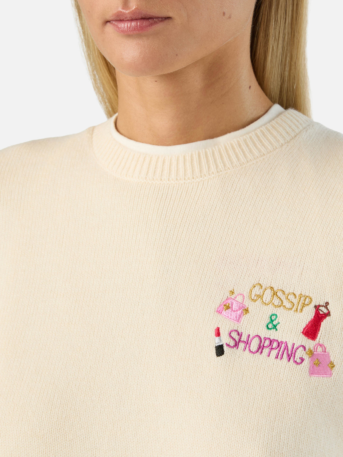 Off white New Queen wool and cashmere blend crewneck with Gossip & Shopping embroidery