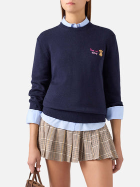 Maglia girocollo New Queen blu navy in misto lana e cashmere con ricamo Non Mi Fido