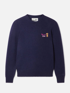Maglia girocollo New Queen blu navy in misto lana e cashmere con ricamo Non Mi Fido
