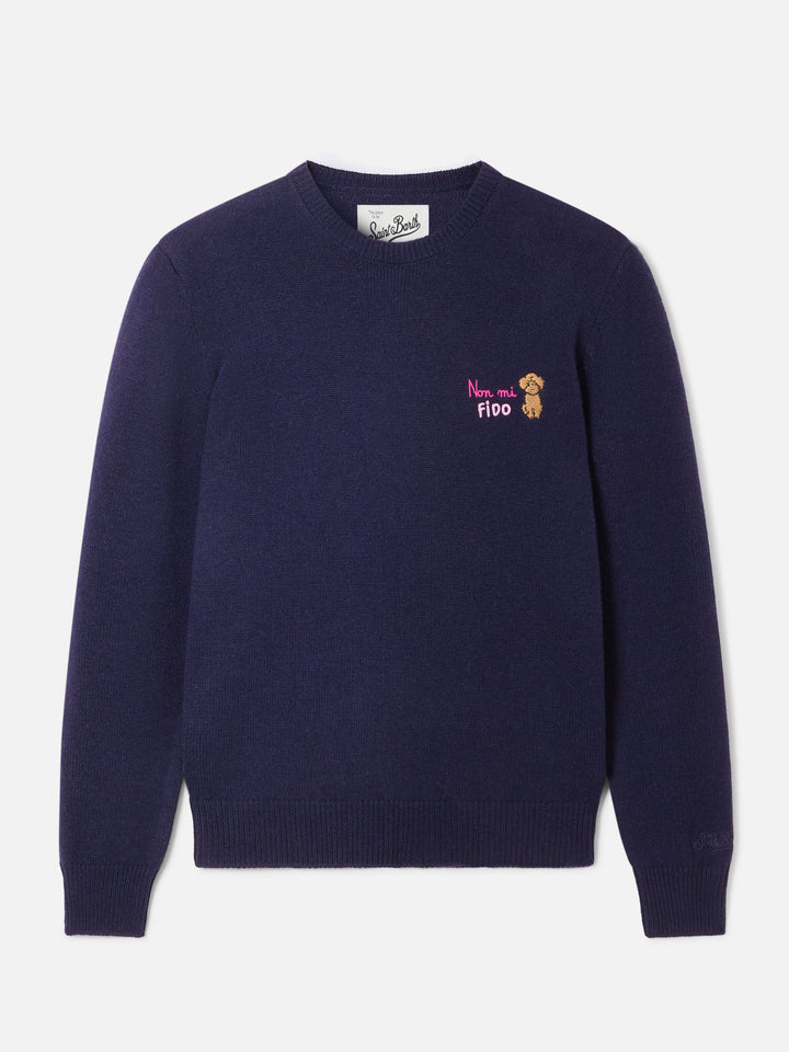 Navy blue New Queen wool and cashmere blend crewneck with Non Mi Fido embroidery