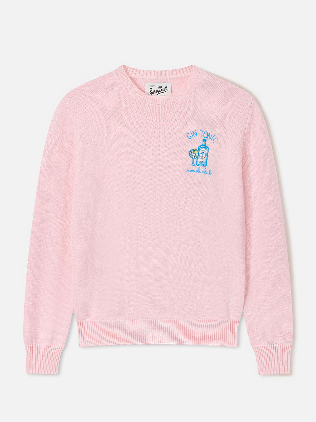 Rosa Queen Rundhalspullover aus Woll- und Kaschmirmischung mit Gin Tonic Social Club-Stickerei 