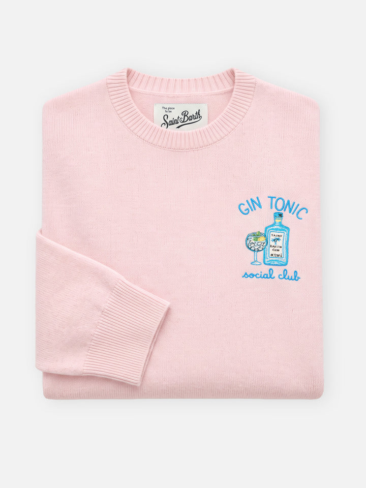 Rosa Queen Rundhalspullover aus Woll- und Kaschmirmischung mit Gin Tonic Social Club-Stickerei 