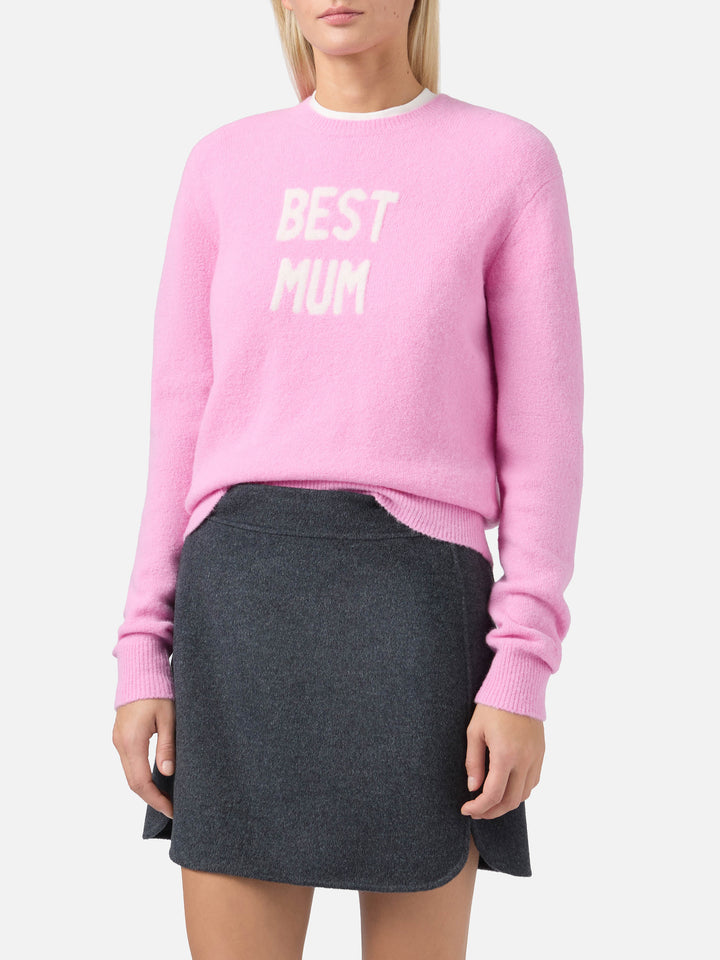 Maglia elasticizzata New Queen in misto lana merino e alpaca rosa con jacquard Best Mum