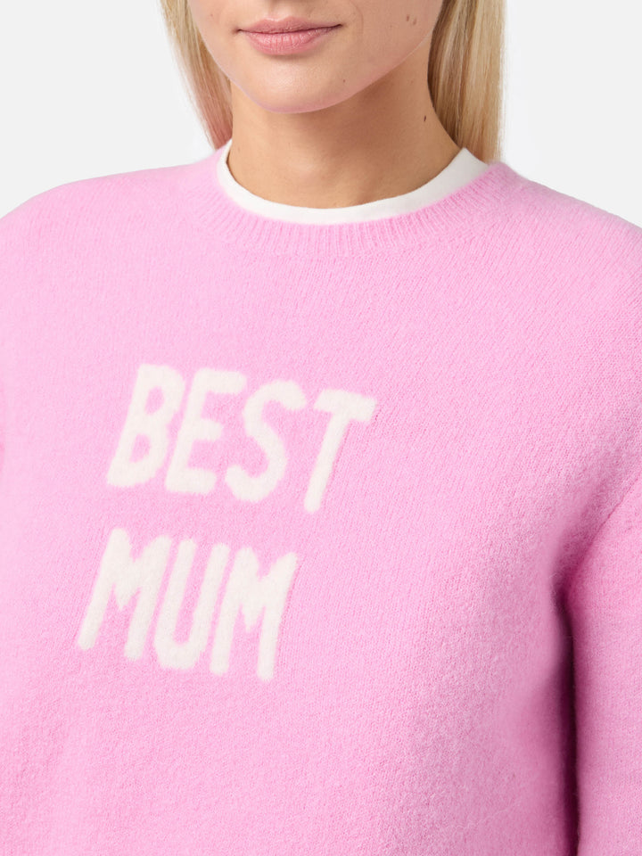 Maglia elasticizzata New Queen in misto lana merino e alpaca rosa con jacquard Best Mum