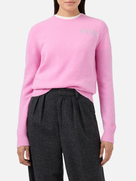 Maglia elasticizzata New Queen in misto lana merino e alpaca rosa con ricamo Non smetto di sp(l)endere