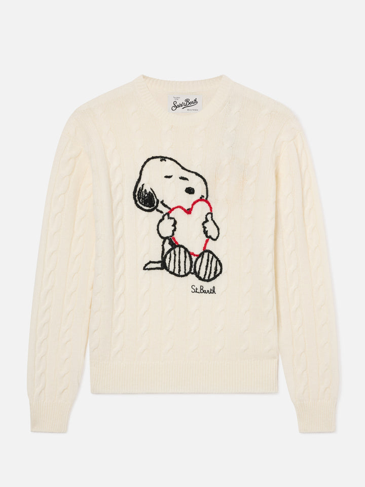 Maglia New Queen off white in misto lana e cashmere a punto trecce con ricamo Snoopy | Special edition