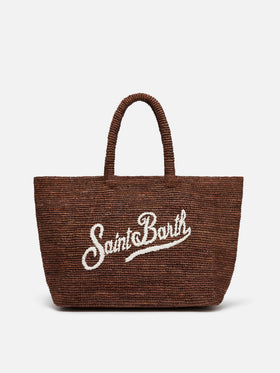 Borsa Beach in raffia marrone con logo ricamato a contrasto