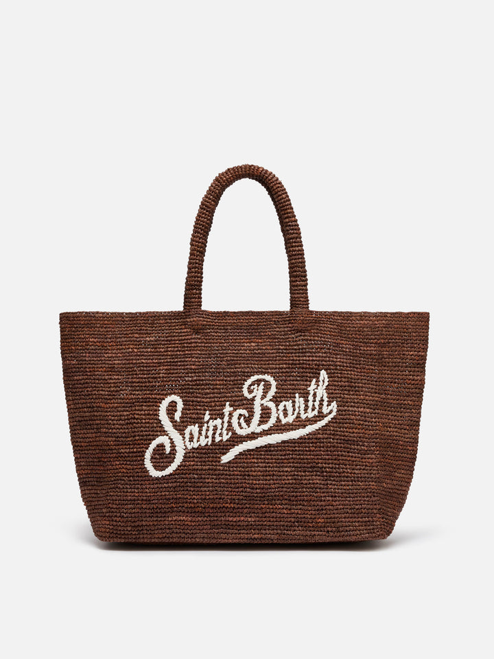 Borsa Beach in raffia marrone con logo ricamato a contrasto