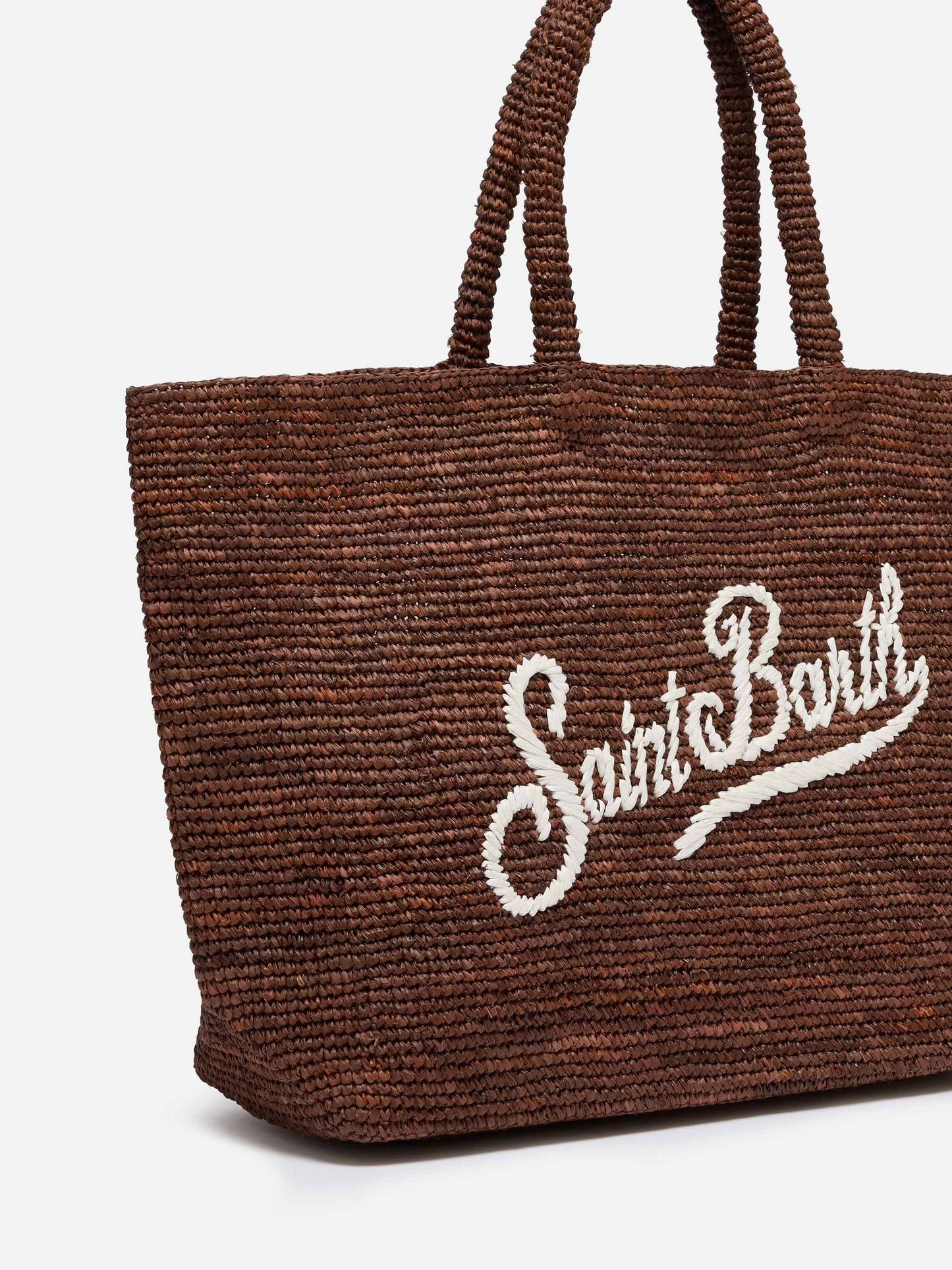 Borsa Beach in raffia marrone con logo ricamato a contrasto