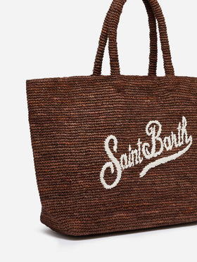 Borsa Beach in raffia marrone con logo ricamato a contrasto