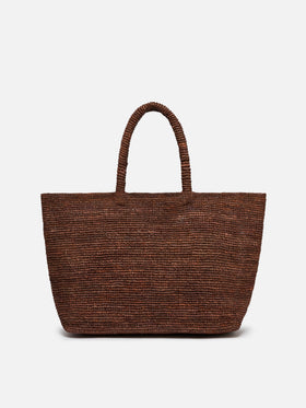 Borsa Beach in raffia marrone con logo ricamato a contrasto