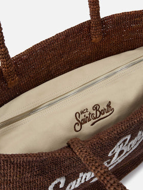 Borsa Beach in raffia marrone con logo ricamato a contrasto