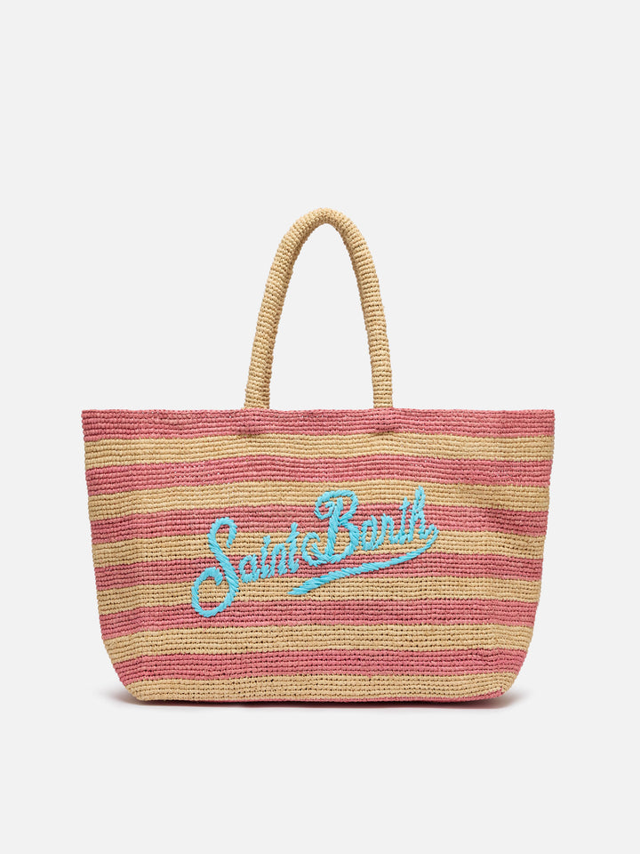 Rosa gestreifte Raffia-Strandtasche mit Baumwollbeutel