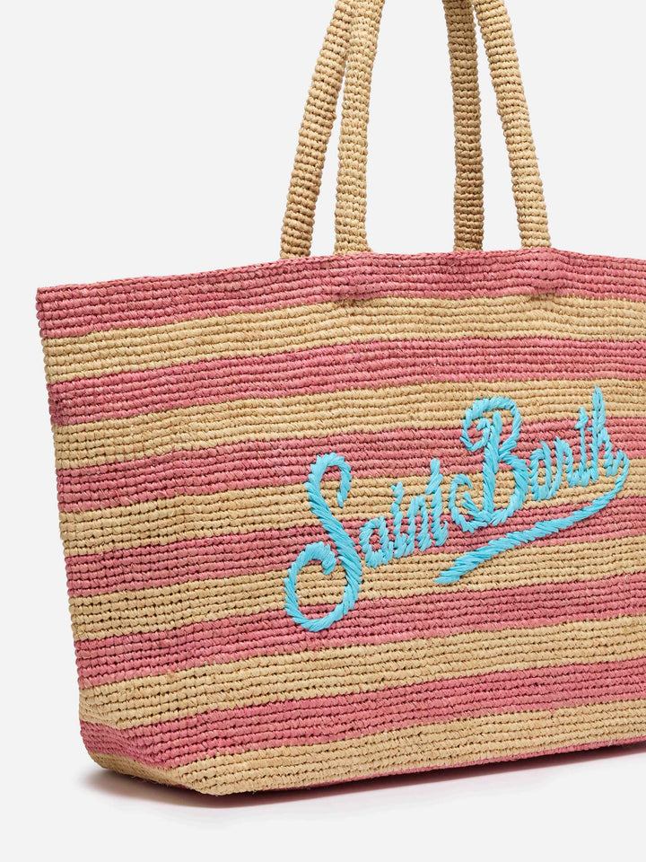 Rosa gestreifte Raffia-Strandtasche mit Baumwollbeutel