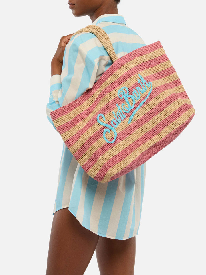 Rosa gestreifte Raffia-Strandtasche mit Baumwollbeutel