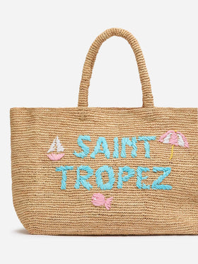 Rafia Beach Bag beige con pochette interna in cotone e ricamo St. Tropez