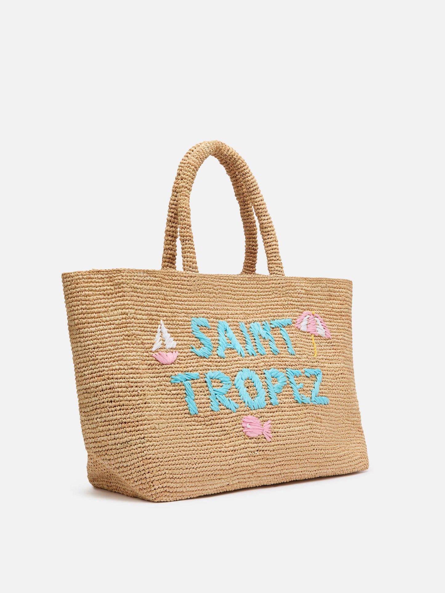 Rafia Beach Bag beige con pochette interna in cotone e ricamo St. Tropez