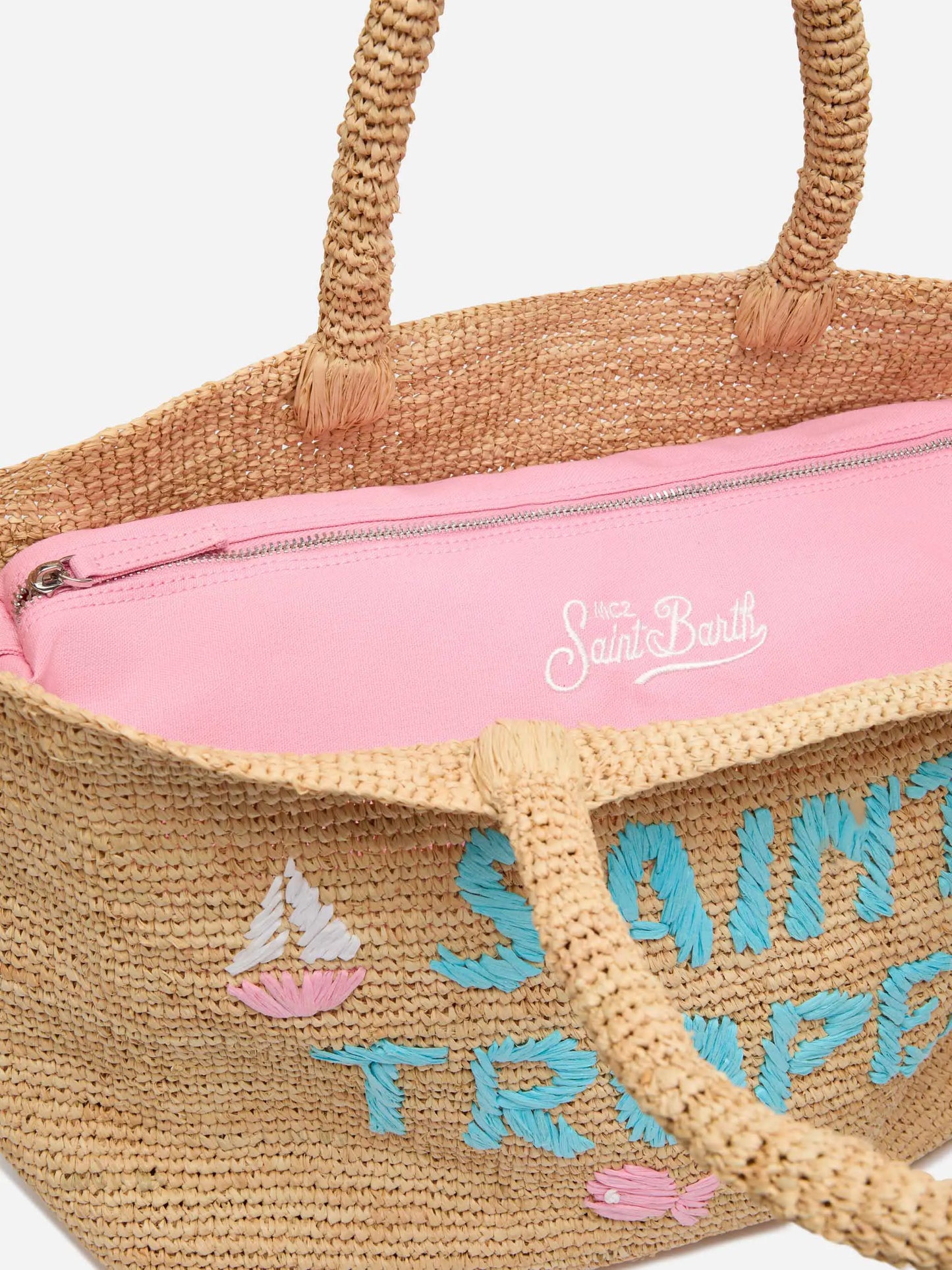 Rafia Beach Bag beige con pochette interna in cotone e ricamo St. Tropez