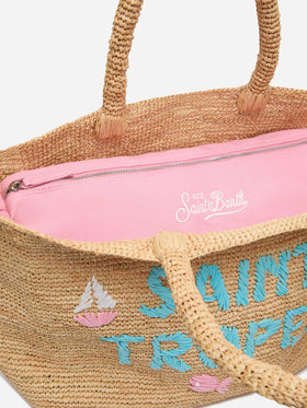 Rafia Beach Bag beige con pochette interna in cotone e ricamo St. Tropez