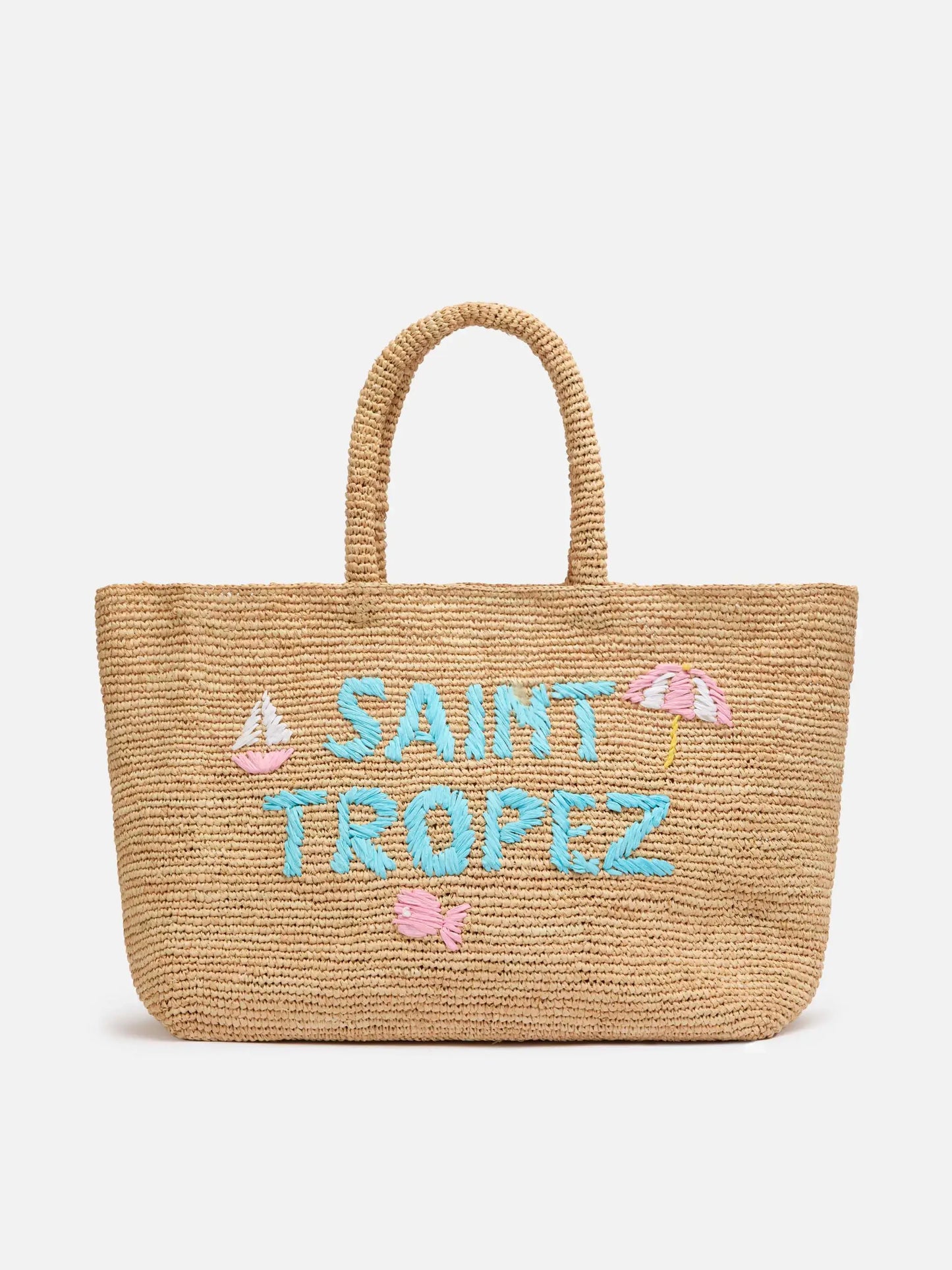 Rafia Beach Bag beige con pochette interna in cotone e ricamo St. Tropez
