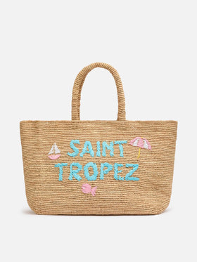 Rafia Beach Bag beige con pochette interna in cotone e ricamo St. Tropez