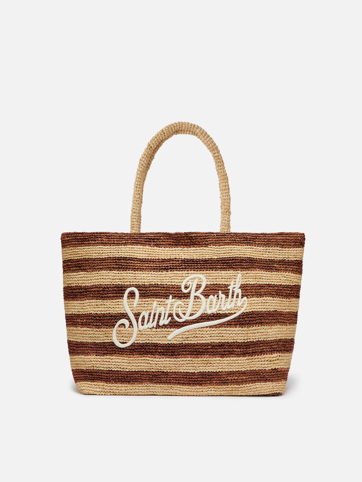 Sac de plage en raphia à rayures marron avec logo brodé 