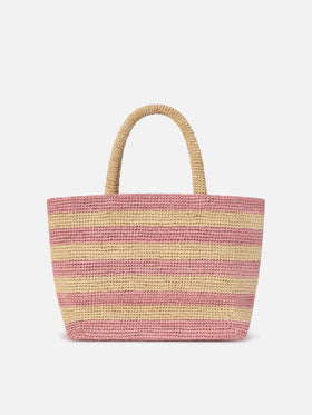 Medium Beach raffia bag with pink stripes and embroidered logo