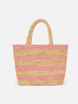 Borsa midi Beach in rafia a righe rosa con pochette in cotone