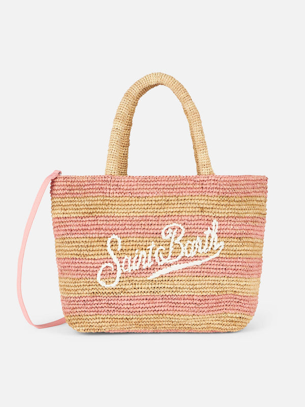 Rosa gestreifte Raffia Beach Midi-Tasche mit Baumwollbeutel