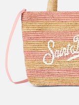 Borsa midi Beach in rafia a righe rosa con pochette in cotone