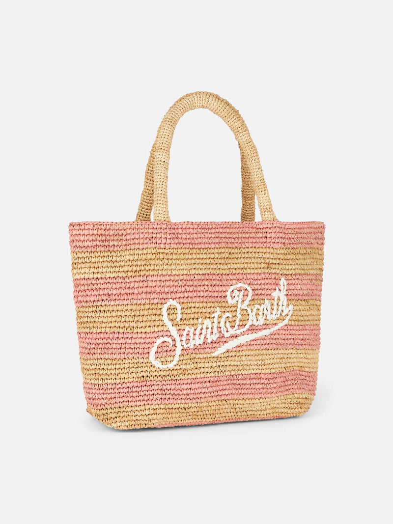 Borsa midi Beach in rafia a righe rosa con pochette in cotone