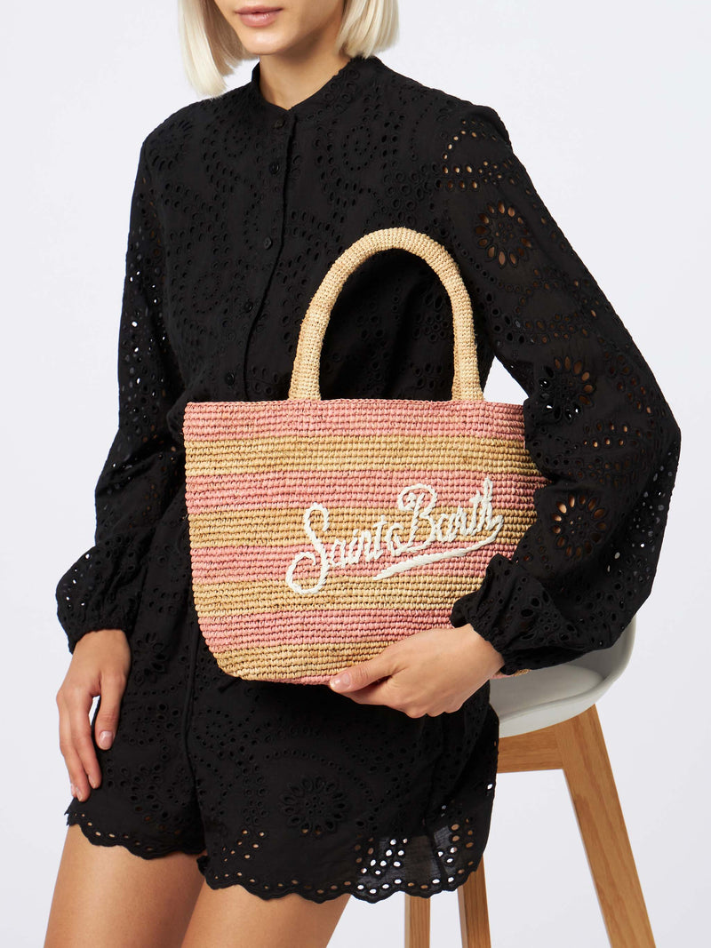 Borsa midi Beach in rafia a righe rosa con pochette in cotone